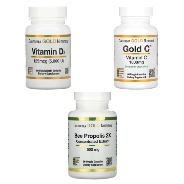 Pack (Vitamine C 1000 MG + Vitamine D3, 125 µg + Bee Propolis 2X, 500mg) California Gold Nutrition