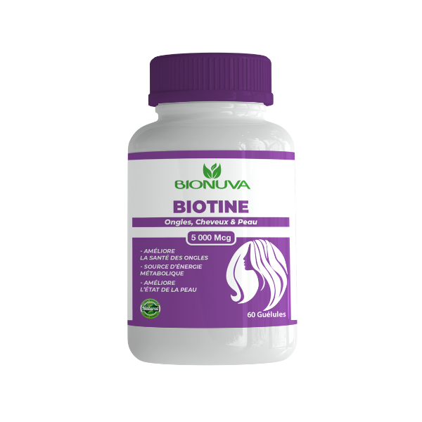 Biotine 5000 mcg, santé de la peau(cheveux,peau,ongles) 60 caps