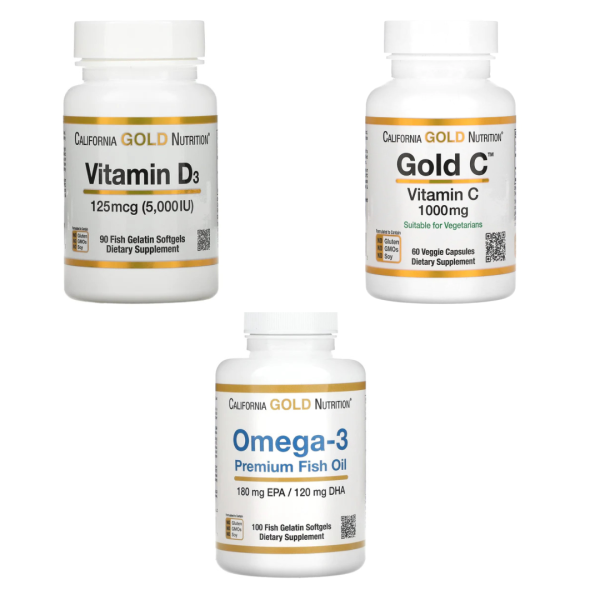 Pack (Vitamine D3, 125 µG + Omega-3 1000 MG +Vitamine C 1000 Mg, 60 Gélules) California Gold Nutrition