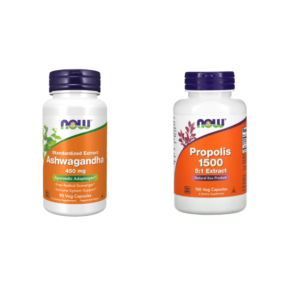 Pack - NOW Foods, (Propolis 1500, 100 Veg Capsules+Ashwagandha, 450 mg, 90 Veg Capsules)