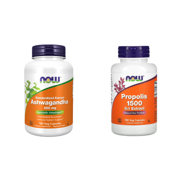 Pack - NOW Foods, (Propolis 1500, 100 Veg Capsules+Ashwagandha, 450 mg, 180 Veg Capsules)