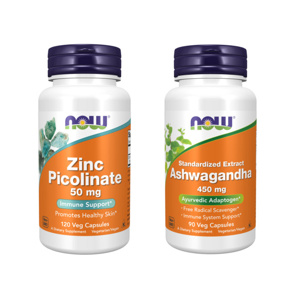 Pack - NOW Foods, (Zinc Picolinate, 50 mg, 120 Veg Capsules+Ashwagandha, 450 mg, 90 Veg Capsules)